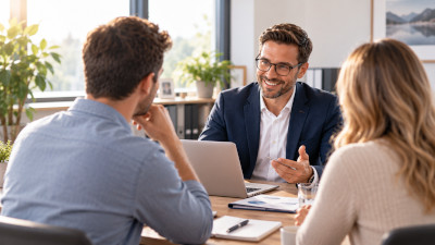 Berufsunfähigkeitsversicherung – persönliche Beratung und Tarifvergleich Alternativtext: Berater spricht mit einem Paar an einem Tisch mit Laptop und Unterlagen.